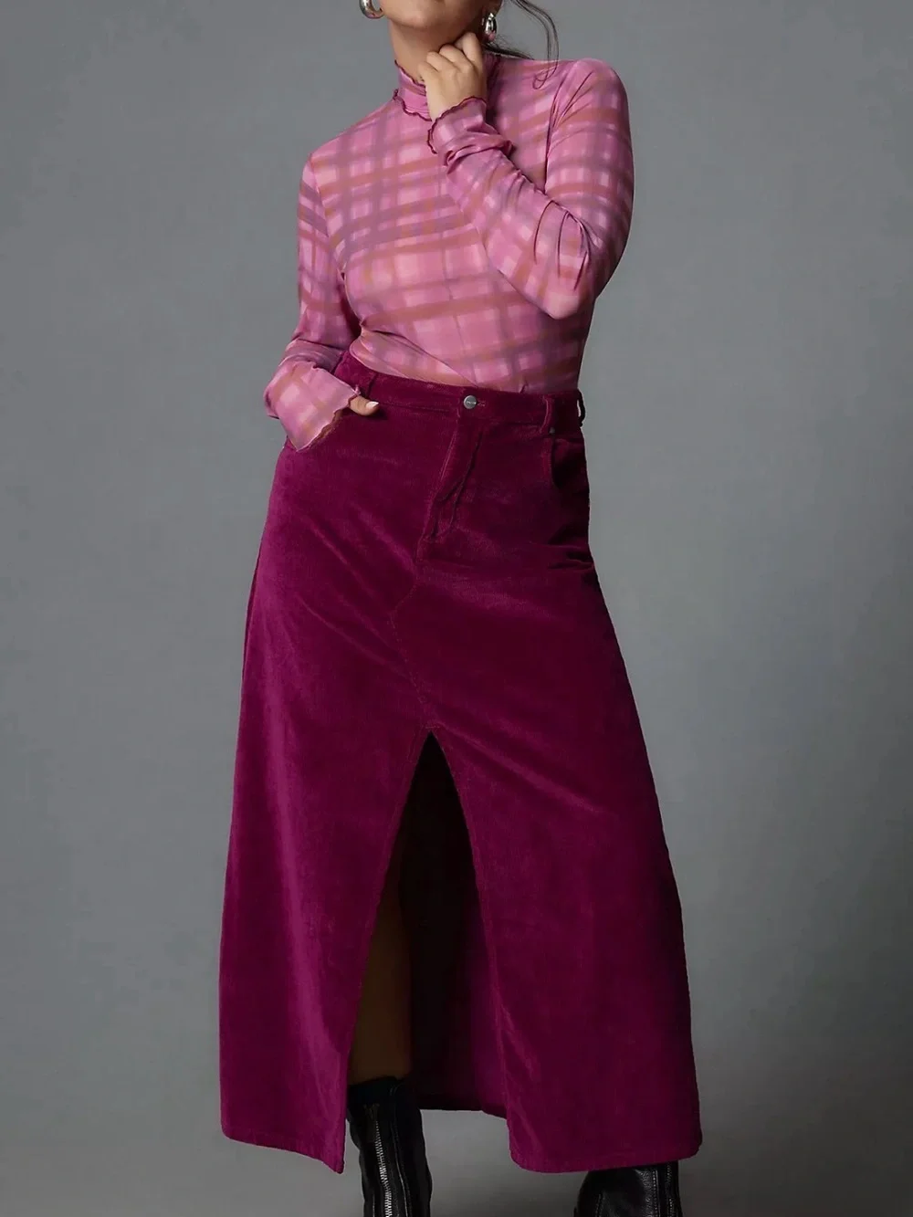 Anthropologie Plum Corduroy Maxi Skirt with Front Slit